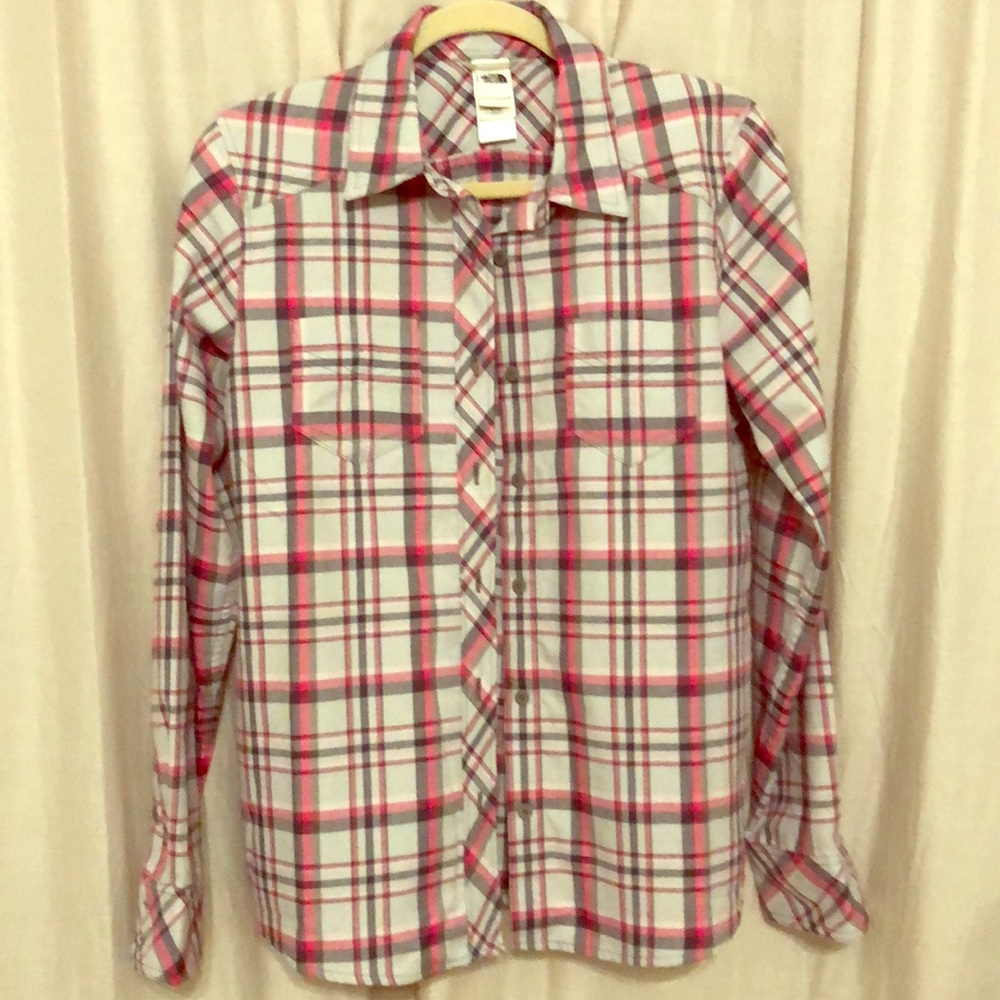 North face warm flannel. Grey pink and white.